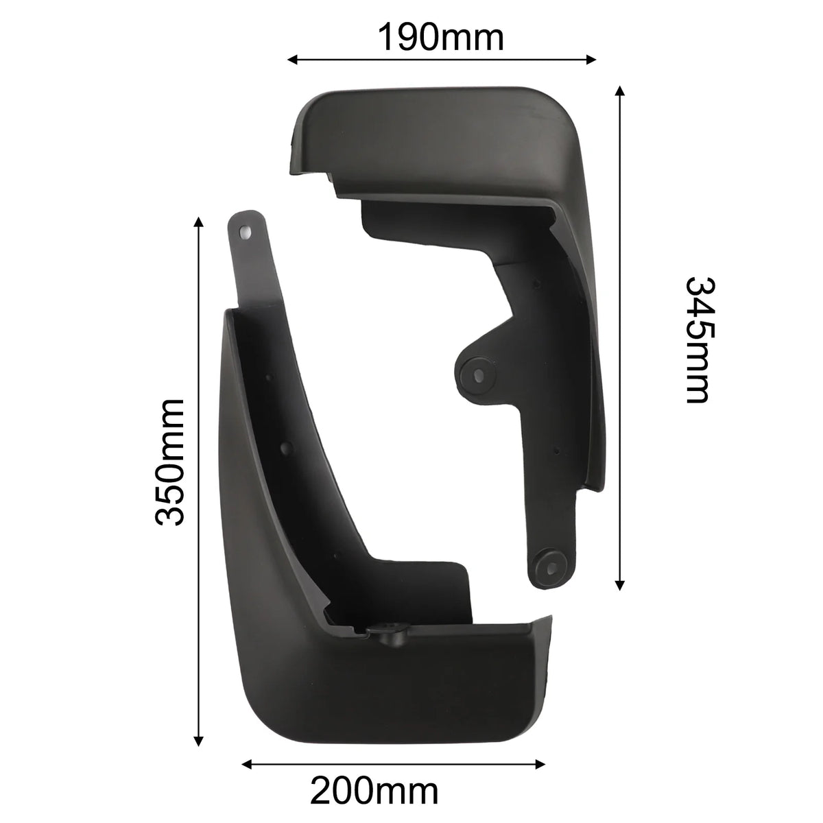 Black mud flaps for Mazda CX-30, showing dimensions and profile.