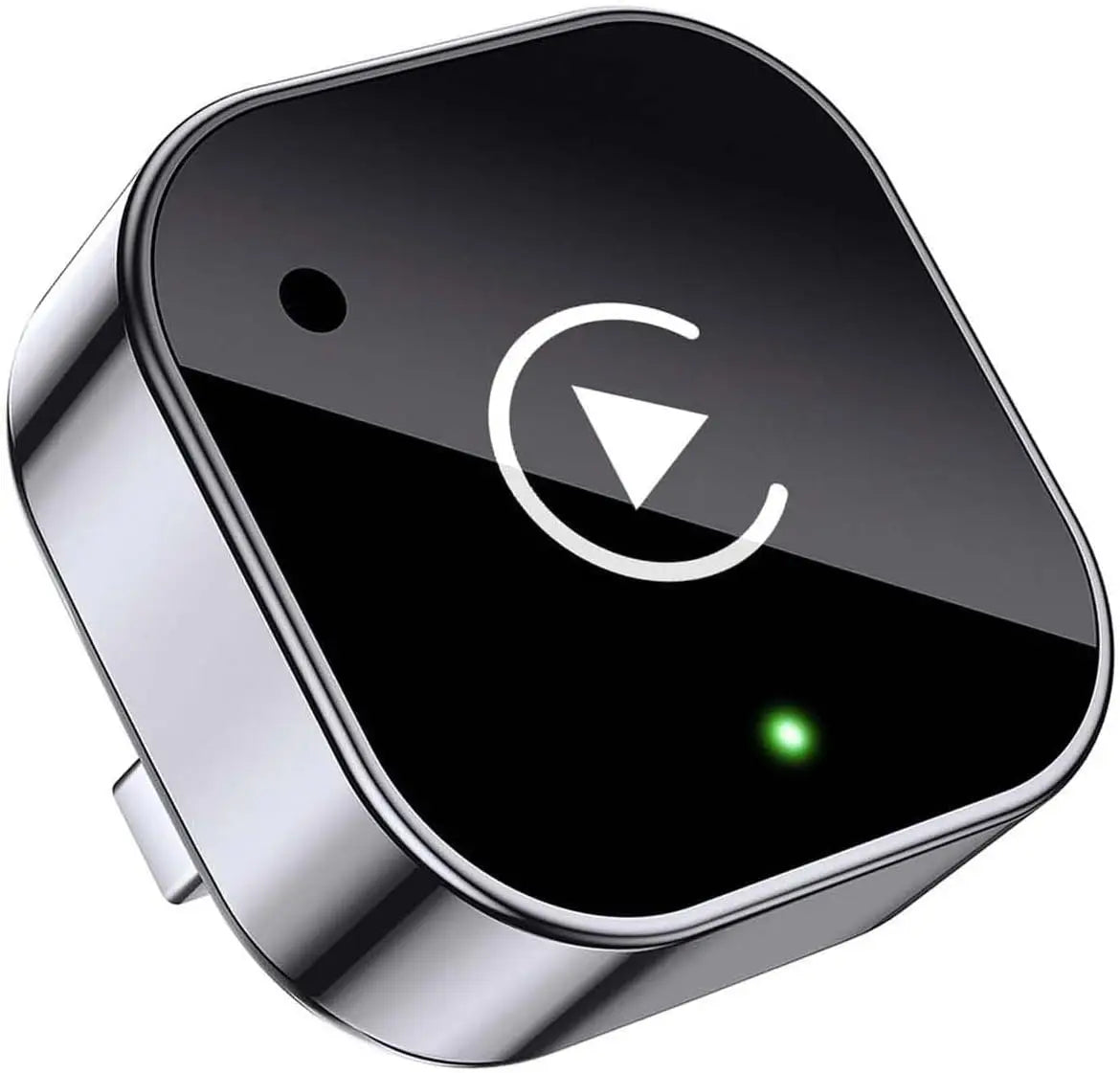 A black wireless adapter for connecting CarPlay and Android Auto to a vehicle
