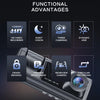 A black dash cam device showing features like HD video recording, night vision, three cameras, crash sensing, parking monitor
