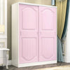 A pair of pink, paneled cabinet doors with decorative molding and vertical slats on a white frame.