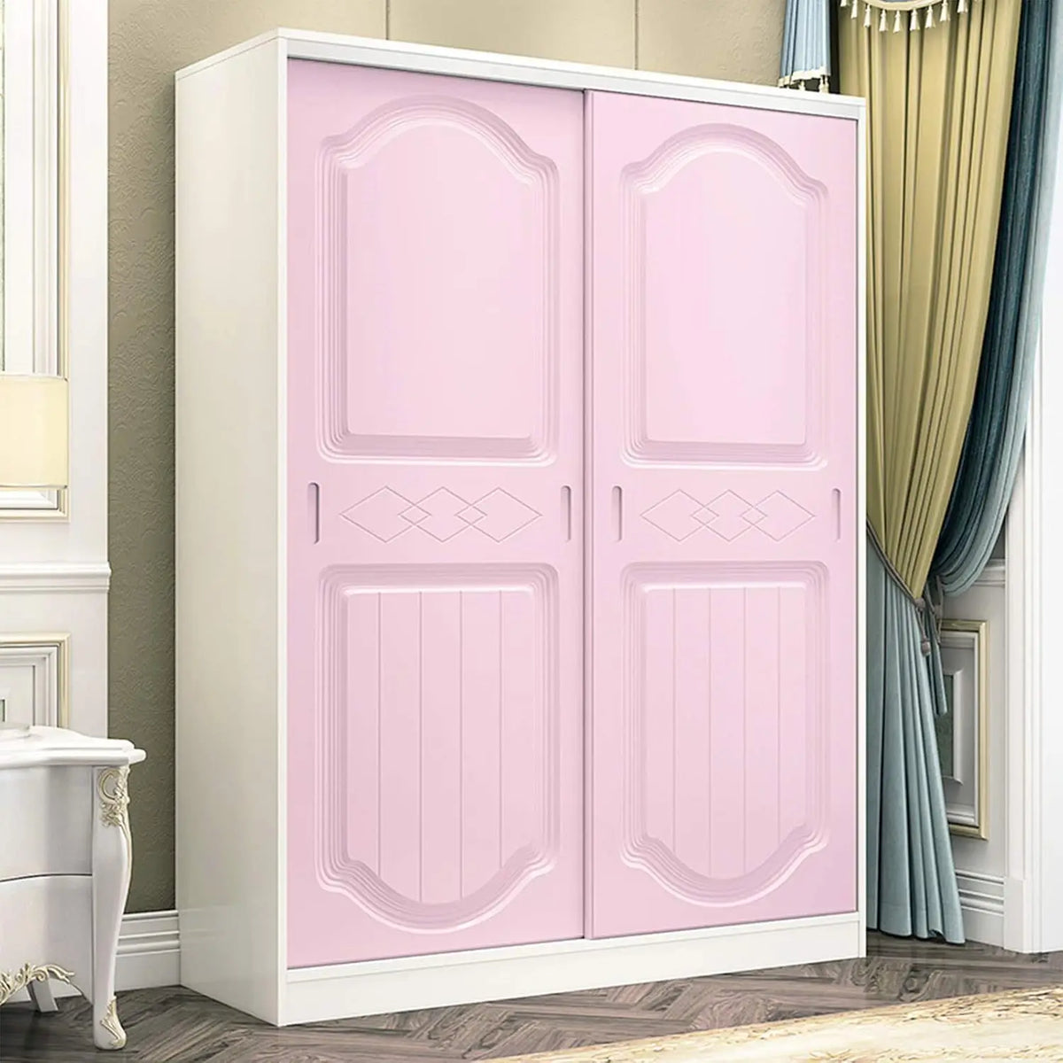 A pair of pink, paneled cabinet doors with decorative molding and vertical slats on a white frame.