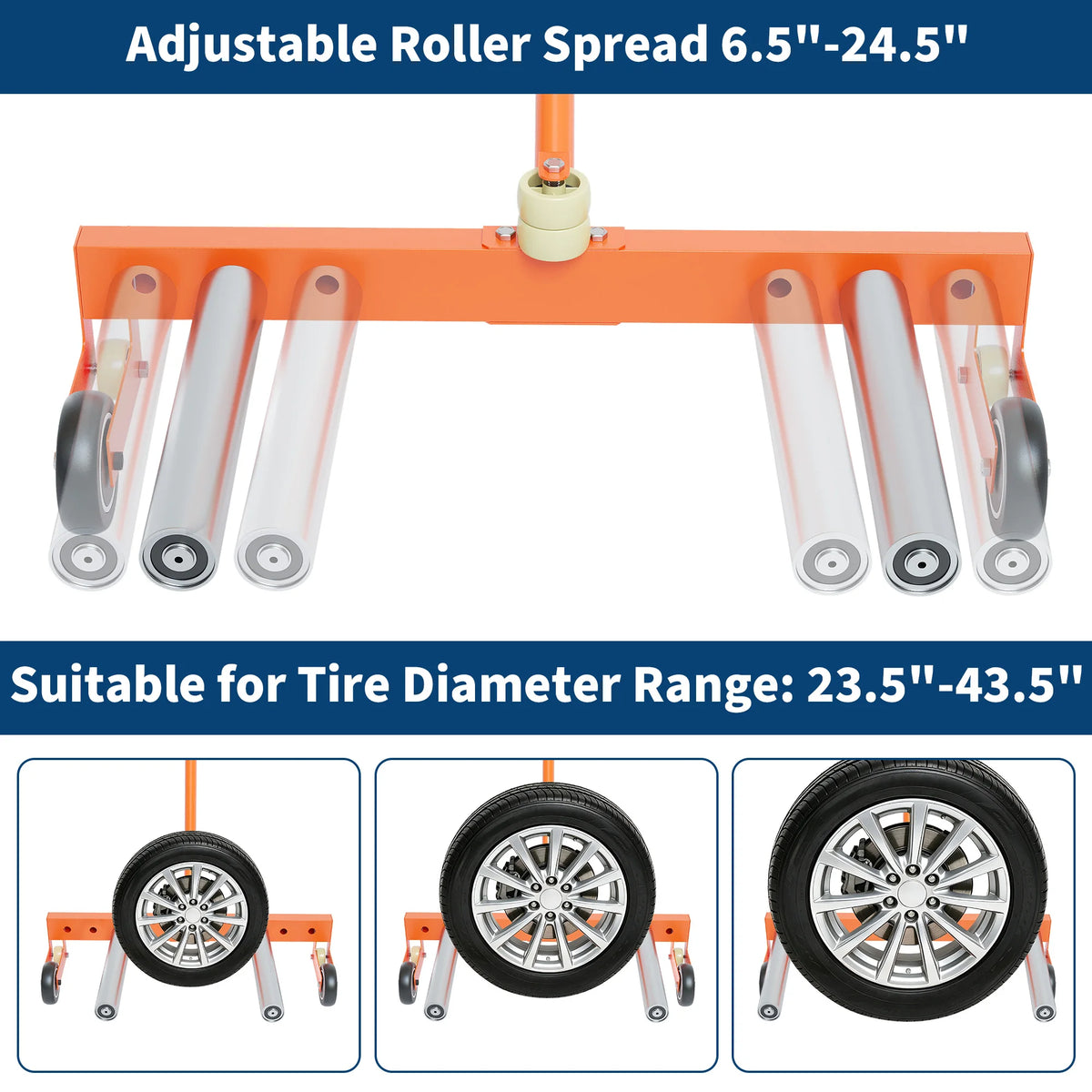Orange adjustable roller spread tire dolly suitable for tire diameters ranging from 23.5 to 43.5 inches.