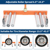 Orange adjustable roller spread tire dolly suitable for tire diameters ranging from 23.5 to 43.5 inches.