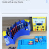 A blue desktop organizer rack holds various repair tools and electronics, next to a yellow multimeter.