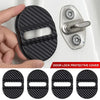 A hand holds a black carbon-fiber door lock protective cover, showing various views of the product.