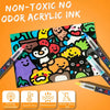 A set of non-toxic acrylic ink pens and markers featuring colorful designs on a dark background.