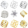 A collection of twelve decorative metal napkin rings featuring various geometric and floral patterns in silver and gold finis
