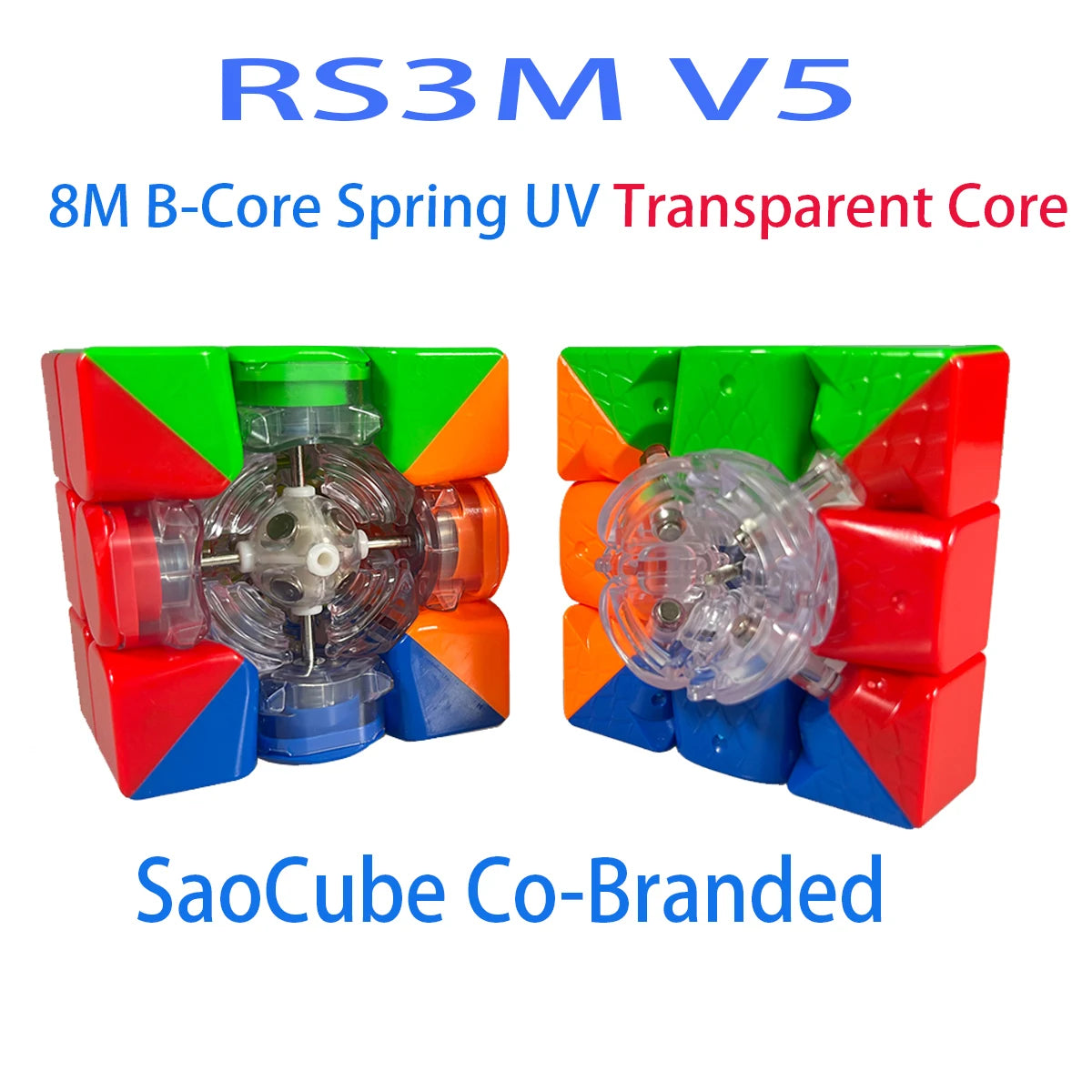 RS3M V5 magnetic speed cube with a transparent core and co-branding label