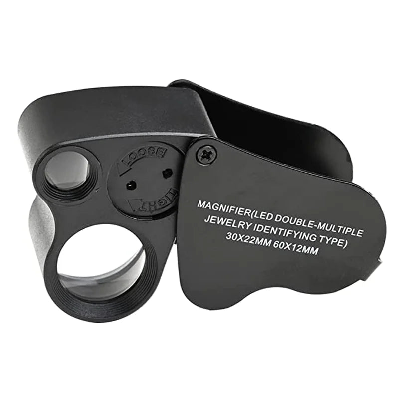 Black dual-magnification LED loupe with a foldable design for jewelry identifying.
