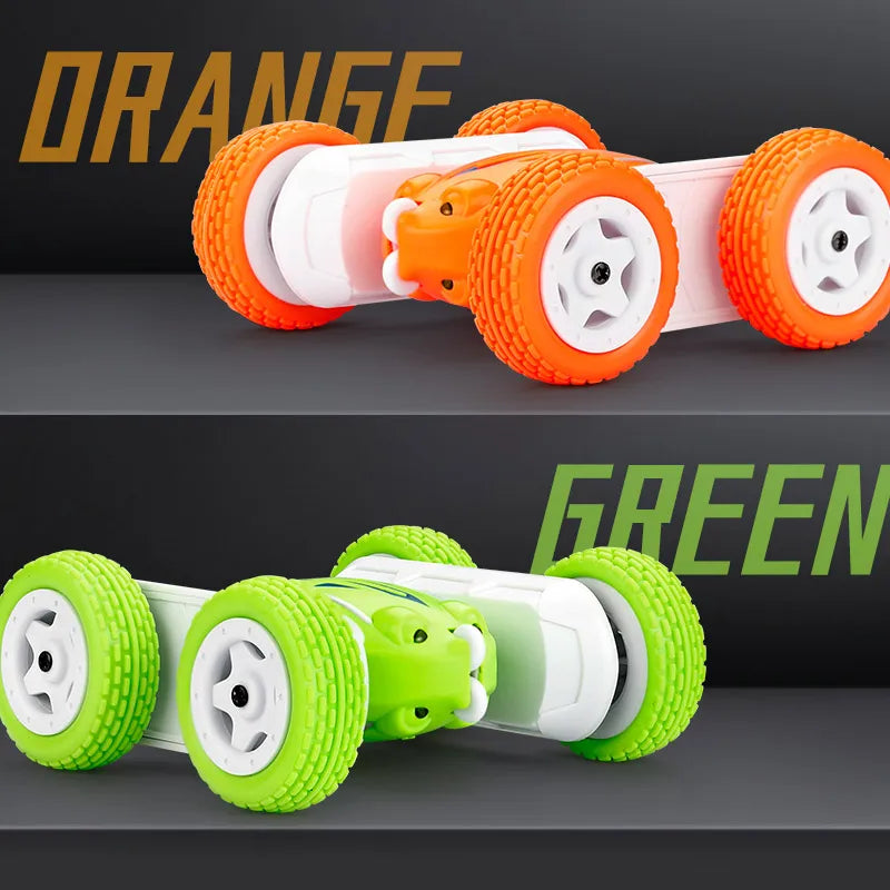 A remote control stunt car with orange wheels and a green version, shown in a side view.