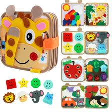 A Montessori giraffe busy board for toddlers featuring various educational activities and shapes.