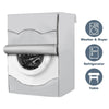 A silver waterproof washing machine cover shown next to icons for a washer and dryer, refrigerator, and table.