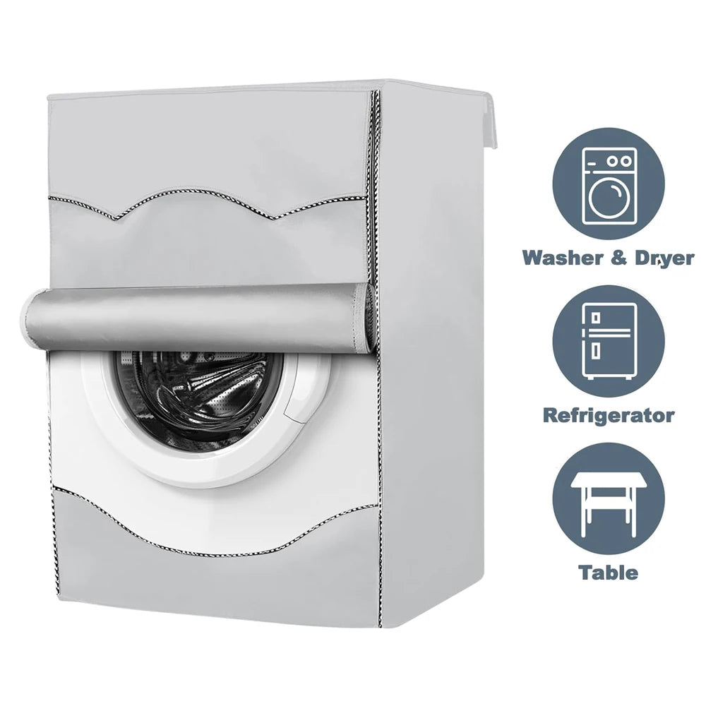 A silver waterproof washing machine cover shown next to icons for a washer and dryer, refrigerator, and table.