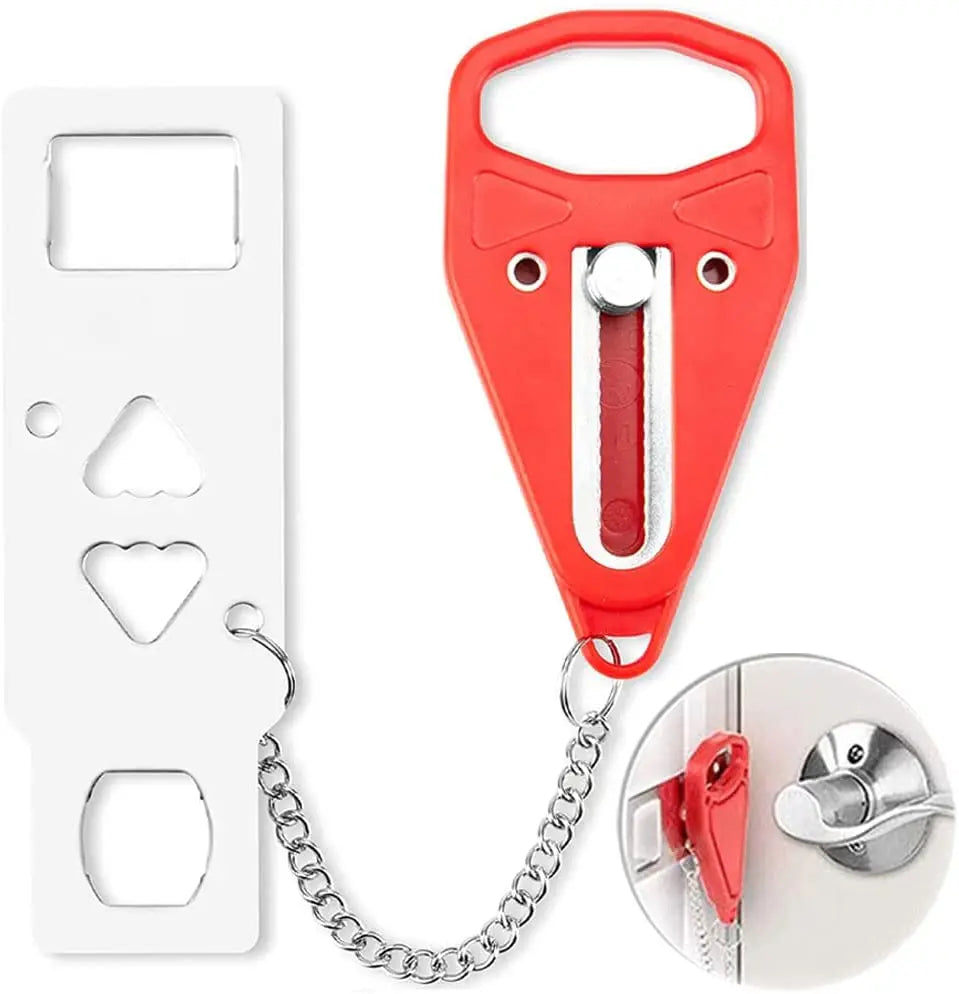 Verrou de porte double trou en acier inoxydable rouge avec clé et carte clé plastique blanche et chaîne.