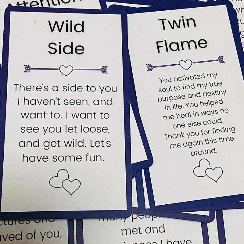 Two cards from an oracle deck titled Wild Side and Twin Flame showing text about connection and purpose