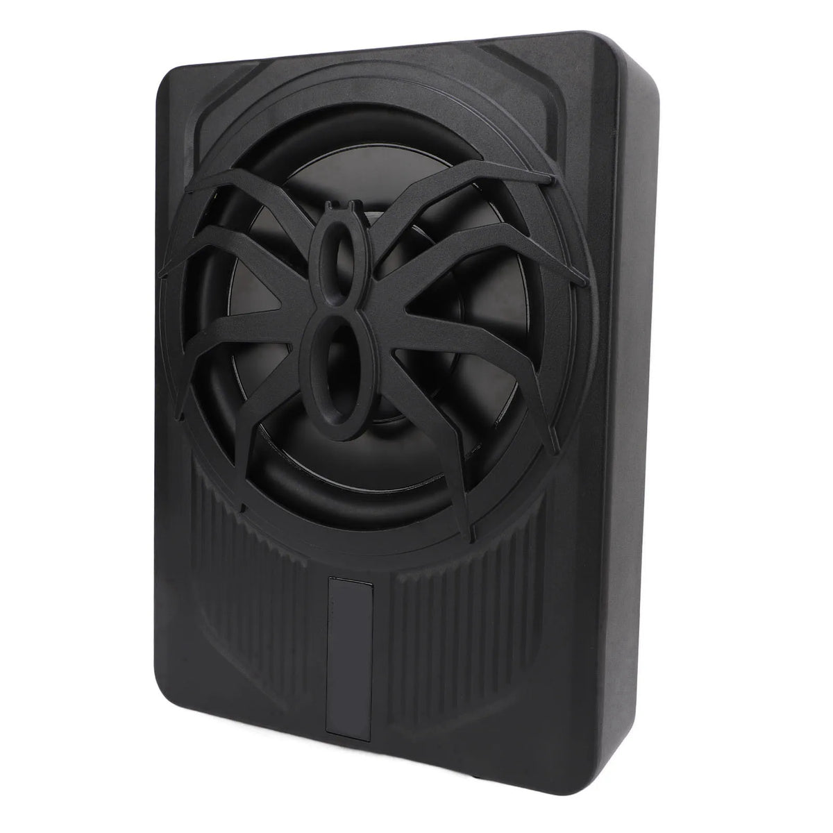 Subwoofer noir, mince, de 10 pouces, avec grille circulaire.