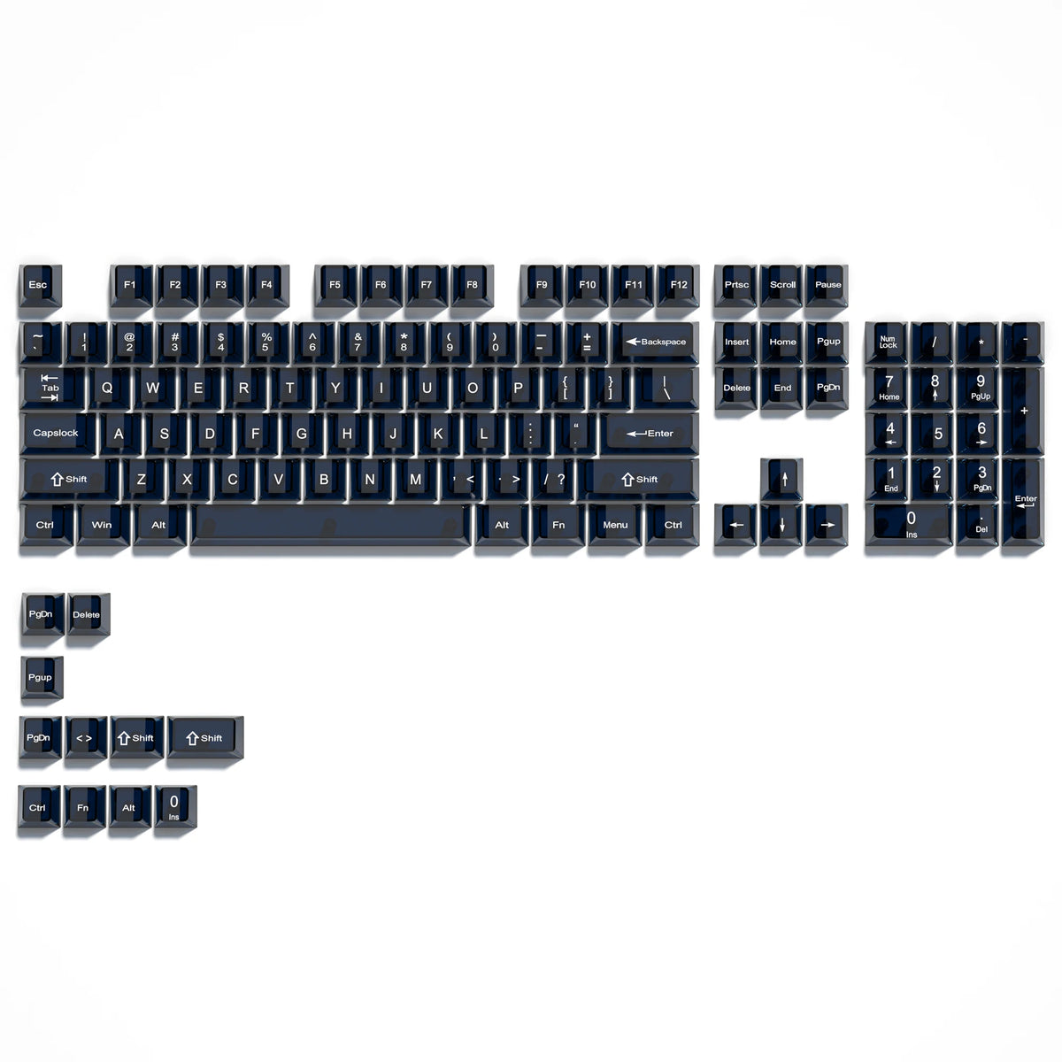 A full set of 115-key crystal clear RGB backlit keycaps with an MDA profile keyboard layout.