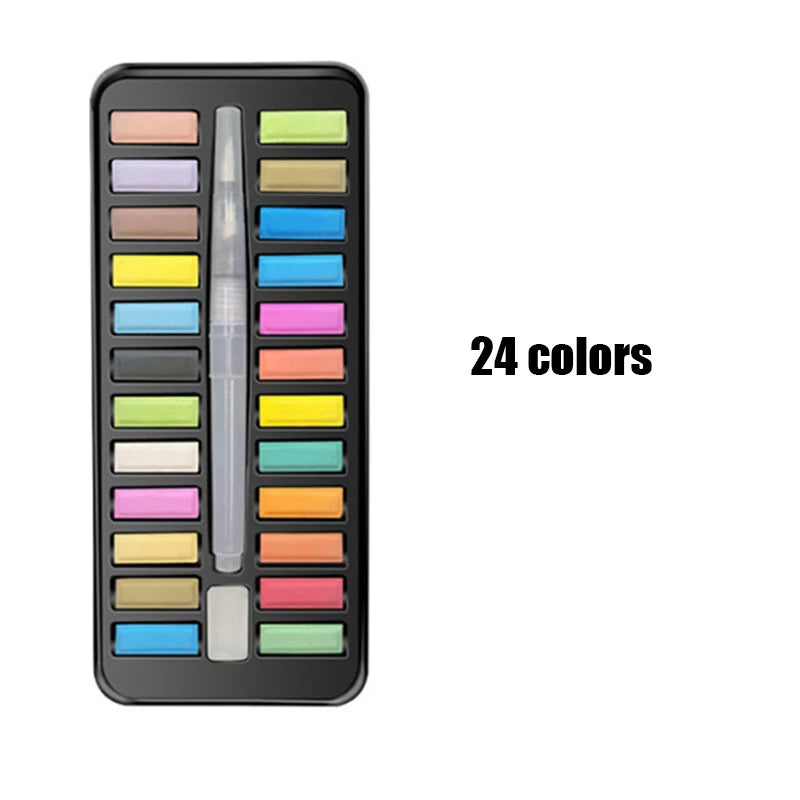 A black metal case containing 24 watercolor paint colors in individual tubes and a brush.