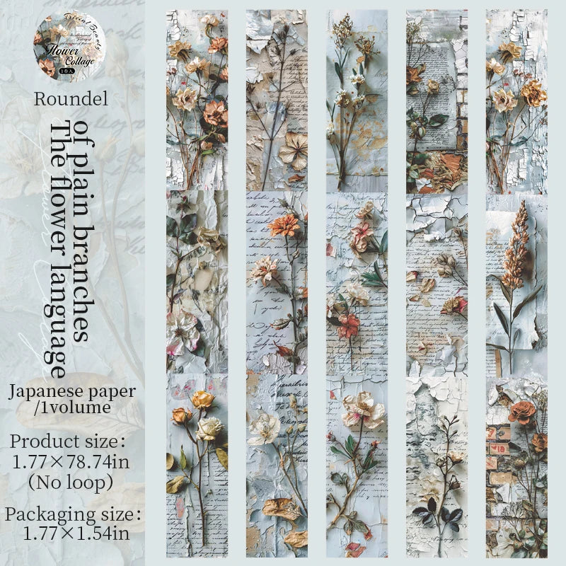 A collection of vintage botanical paper strips featuring dried flowers and foliage for scrapbooking
