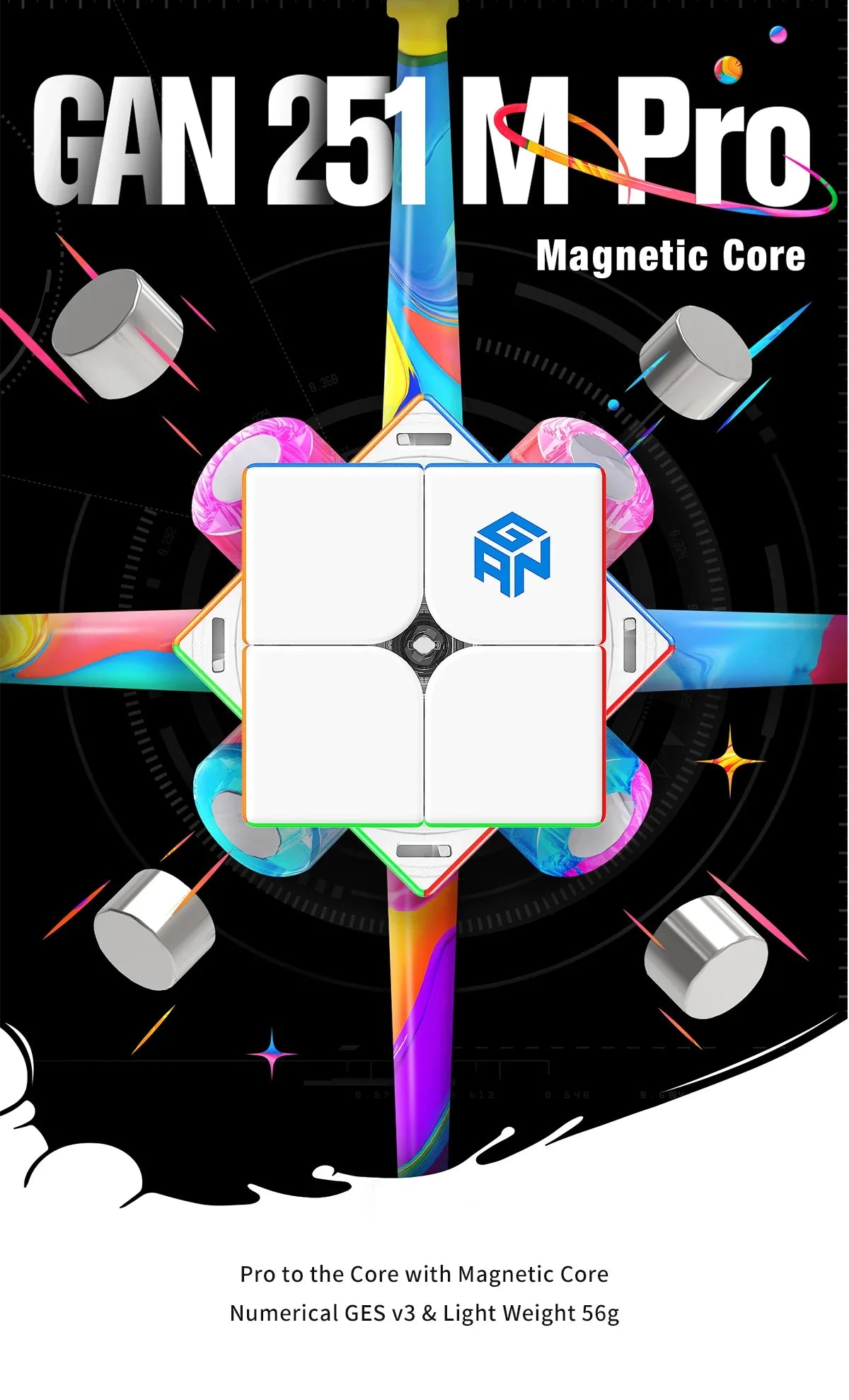 A close-up view of the GAN 251 M Pro magnetic core puzzle with a colorful plastic stem and magnetic components.
