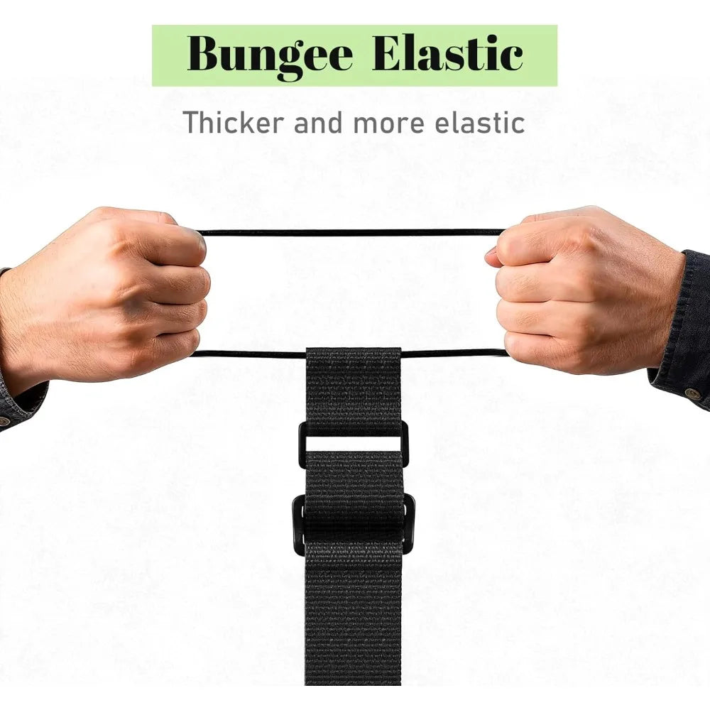 Hands holding a black bungee elastic strap with an adjustable connector clip.