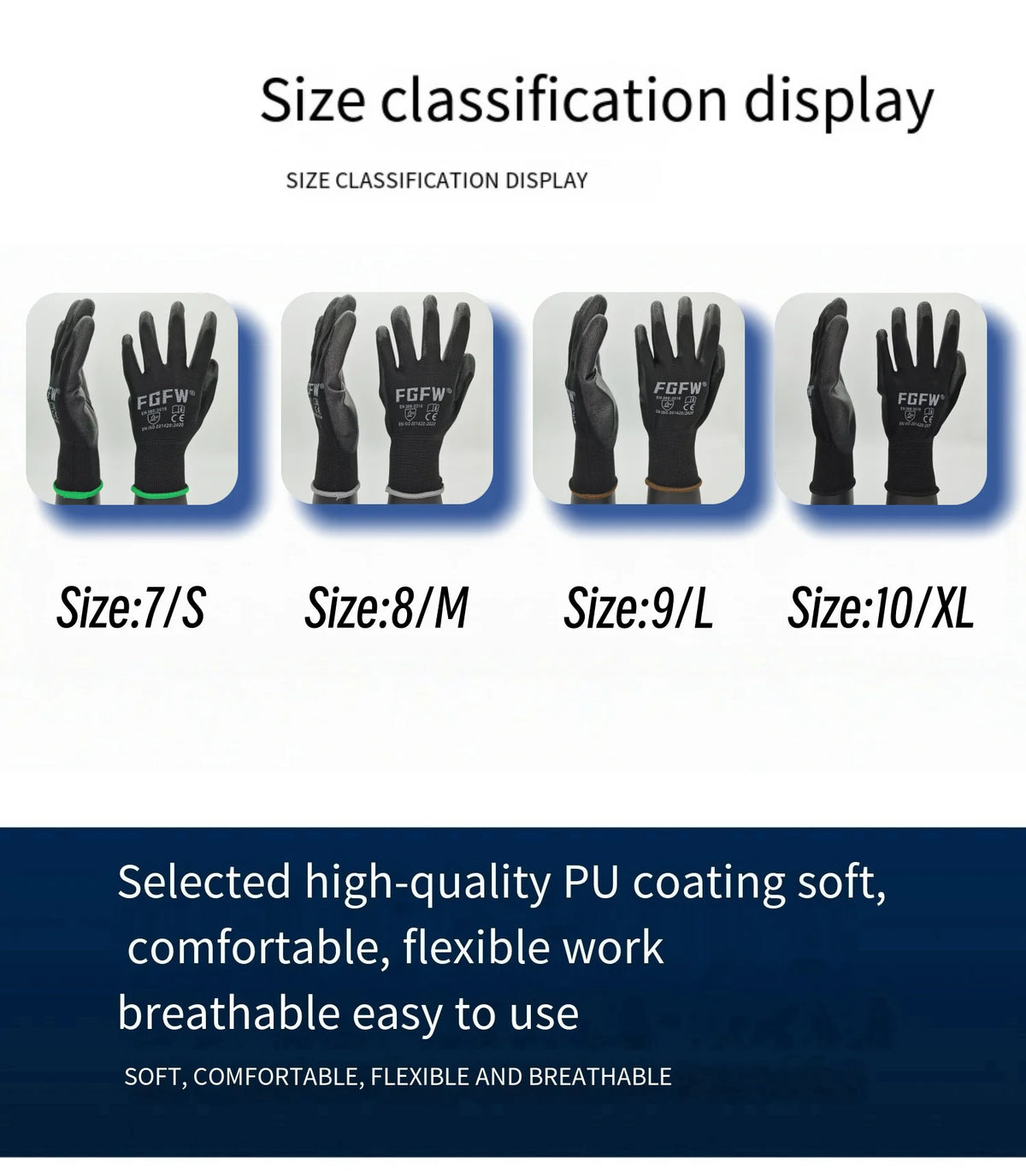 Display showing size classification for PU-coated work gloves, ranging from size 7/S to size 10/XL.