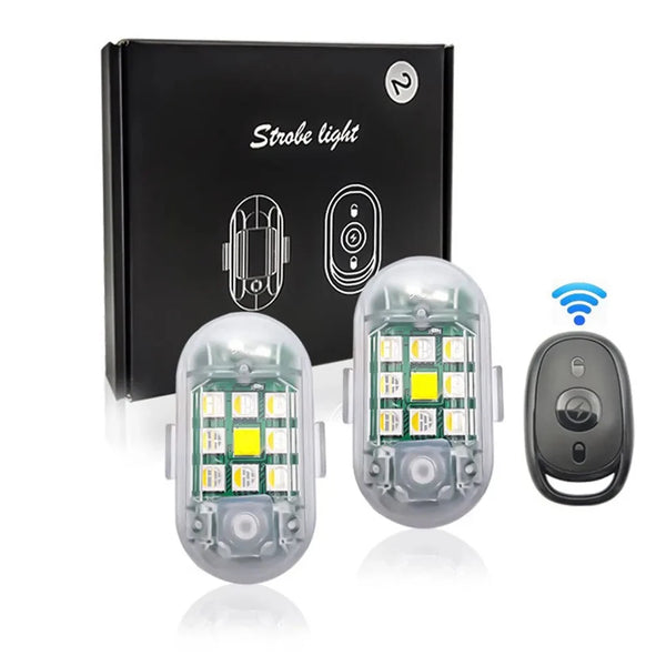 A strobe light product featuring a black box, two LED light modules, and a wireless remote control.