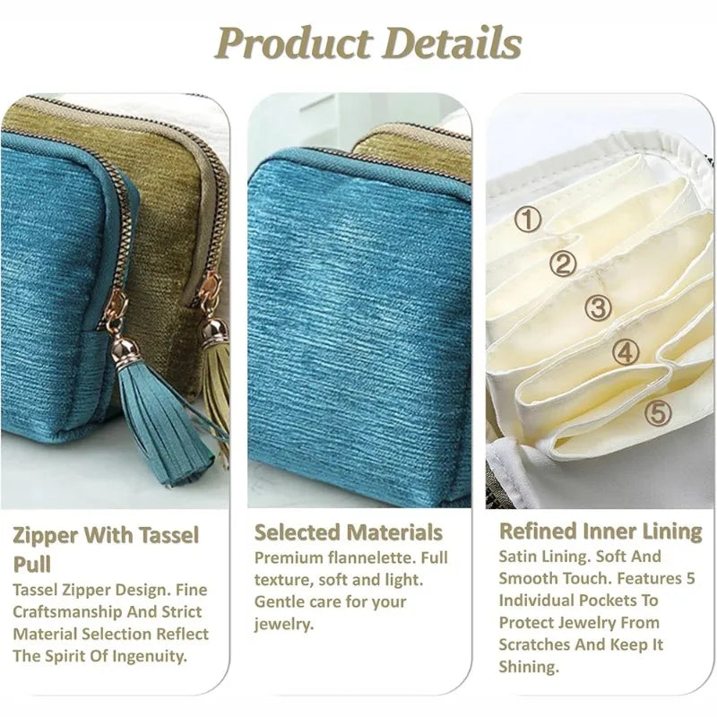 A teal velvet jewelry organizer bag with a tassel zipper and light yellow lining shown in detail.