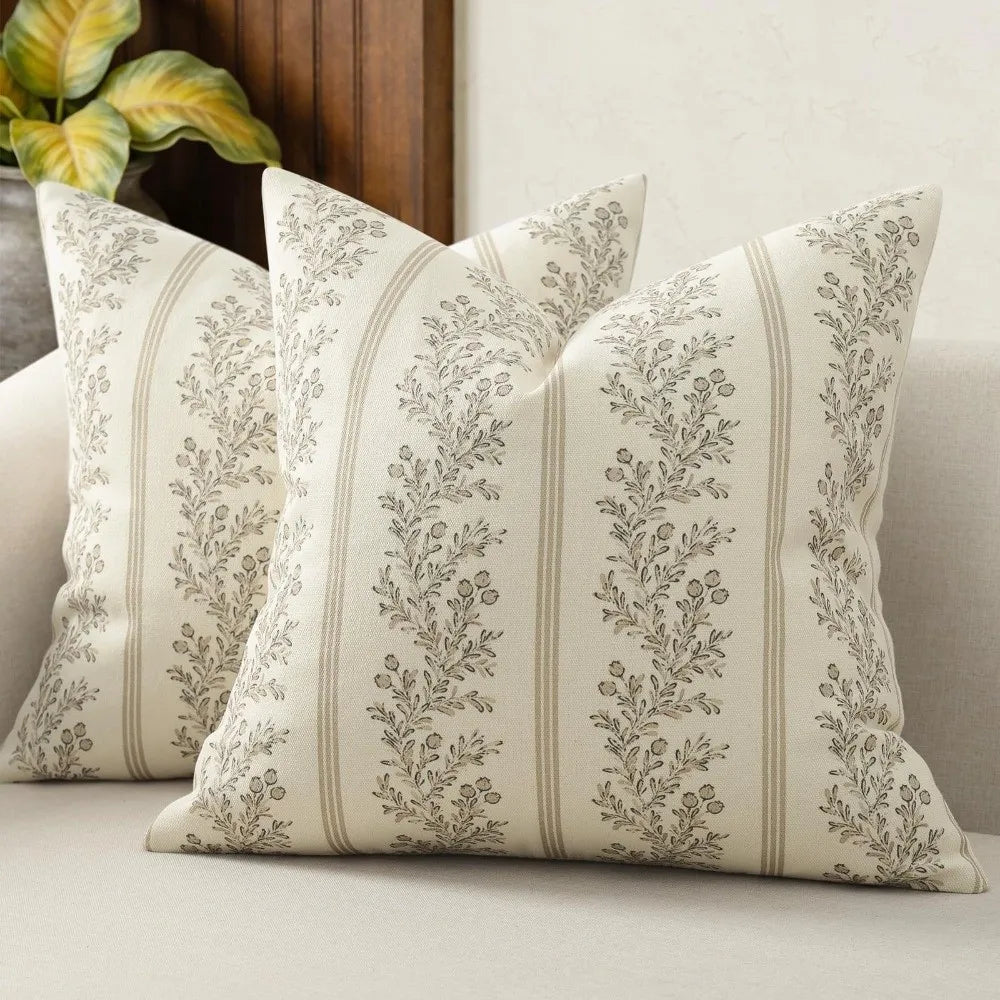 Vintage Striped Floral Throw Pillow Cover