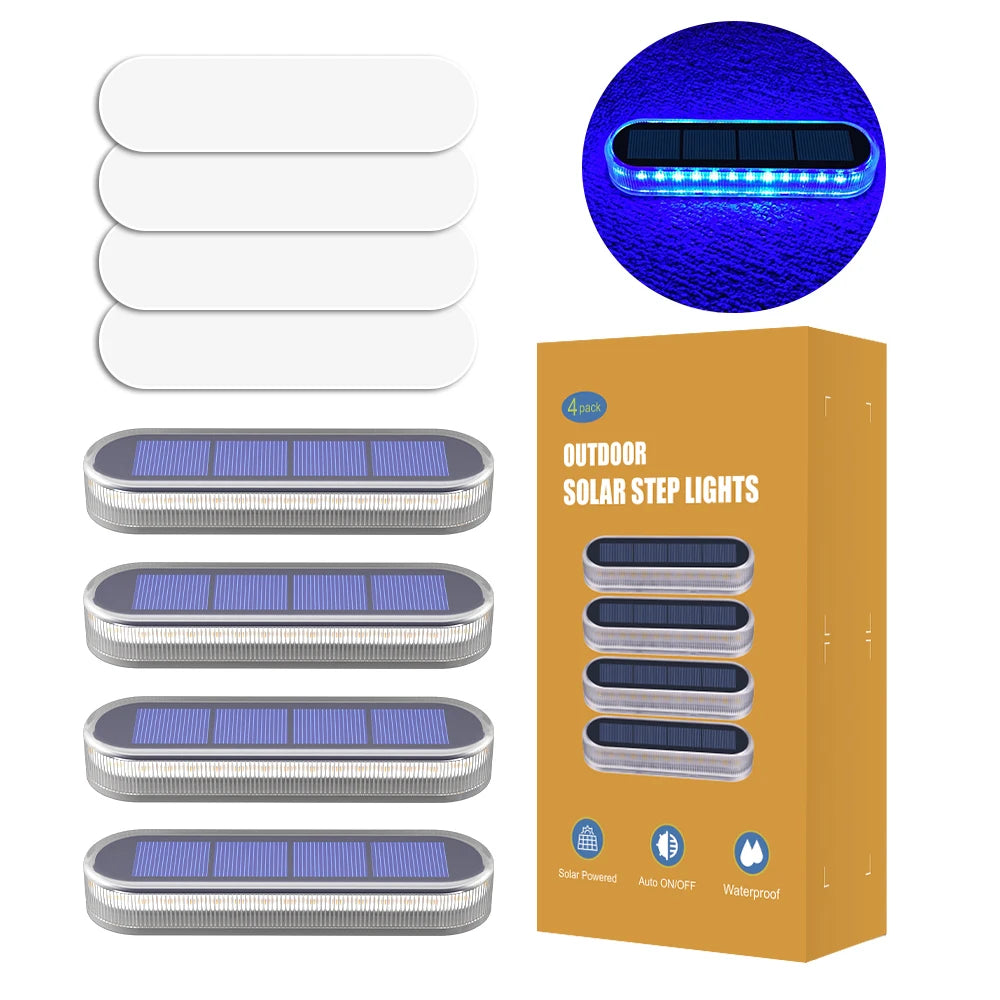 A box of outdoor solar step lights showing various models and a close-up of an illuminated light.