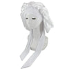 A white satin sleep cap for hair protection displayed on a mannequin head.