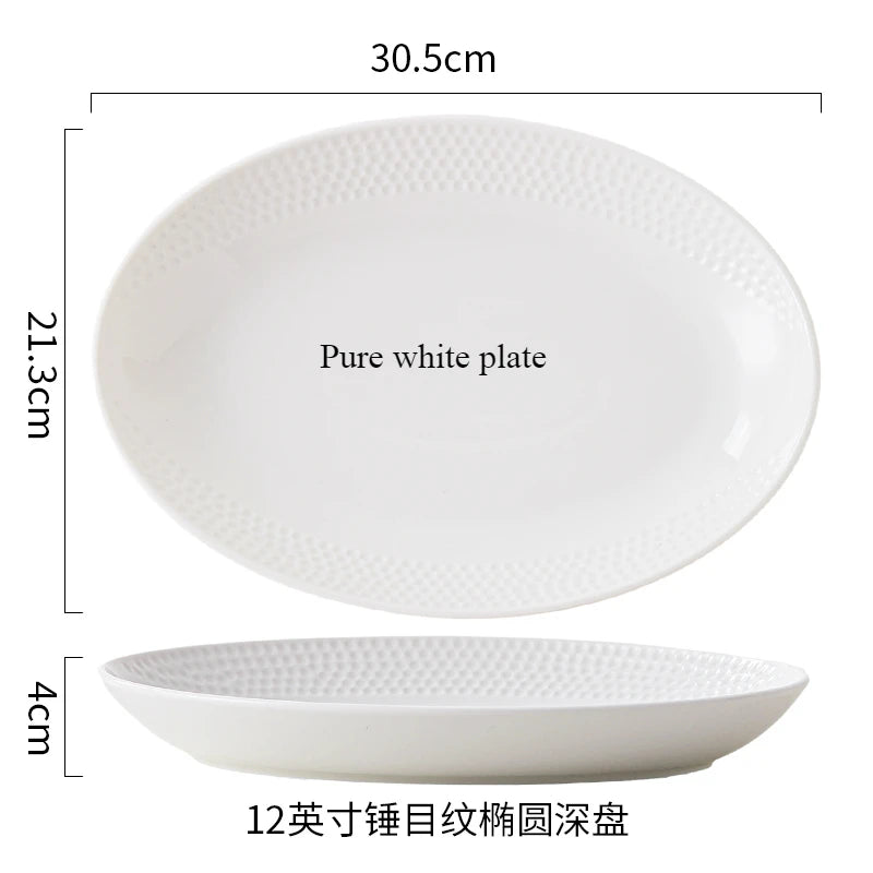 A pure white ceramic plate and a matching shallow bowl are shown with dimensions 30.5cm and 4cm respectively.