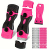 A set of pink and black adhesive remover tools including a scraper and blade for cleaning glass and labels.