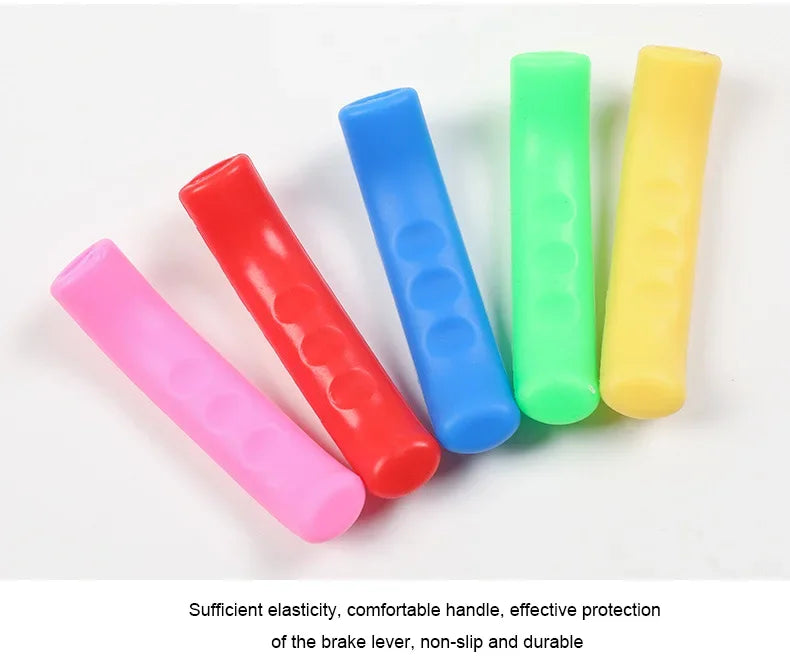 A set of colorful silicone bicycle brake lever covers in pink, red, blue, green, and yellow.
