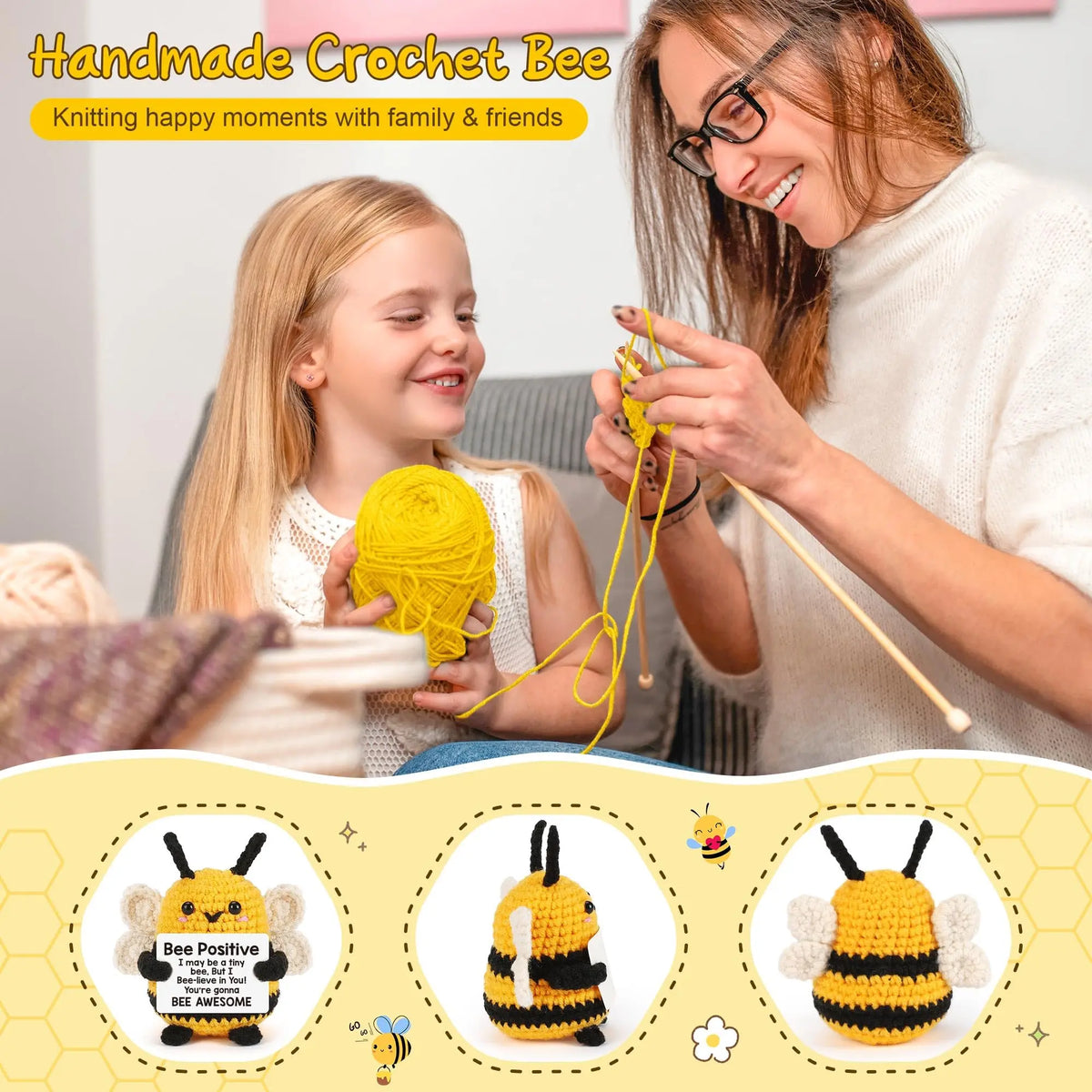 A woman is crocheting a bee figurine for a child, with examples of the finished crochet bees shown below.
