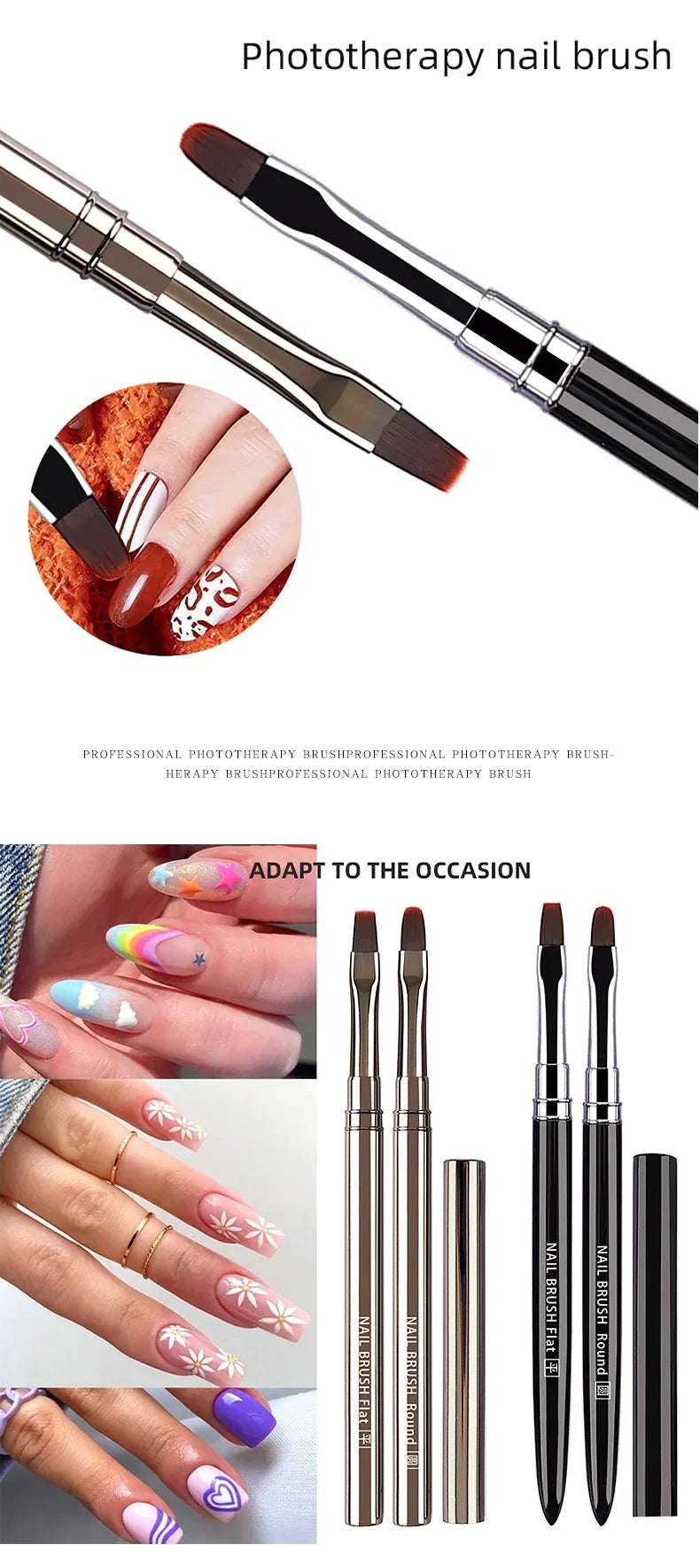 A set of professional phototherapy nail brushes for applying acrylic and gel designs on fingernails.