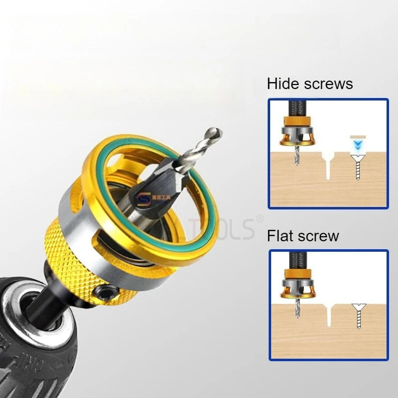 A set of adjustable depth countersink drill bits, including hide screws and flat screws, shown with a drill bit and wood samp