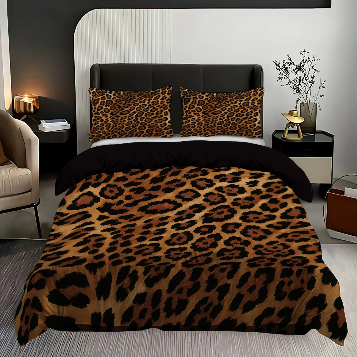 Brown leopard print duvet cover set with pillowcases displayed on a bed in a modern bedroom.