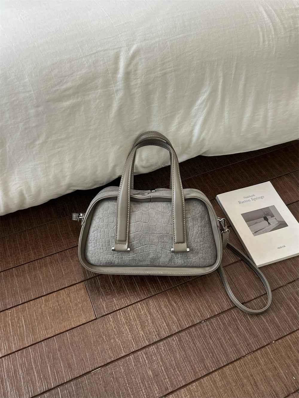 Vintage Croc-Embossed Mini Boston Bag with Dual Straps