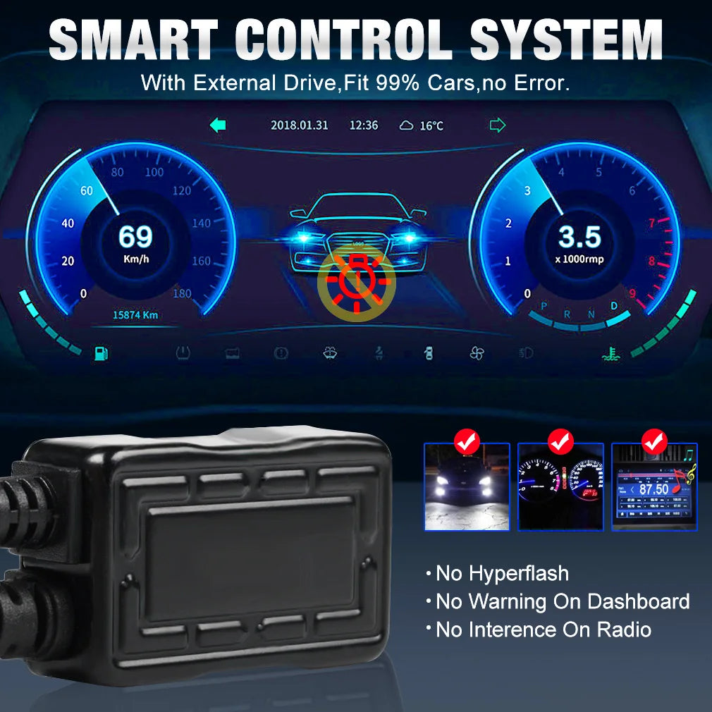 A black electronic device is shown with various LED light bulbs and a digital display, used for a smart control system.