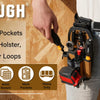 A hand is shown holding a black technician pouch with tool loops and pockets attached to a belt, worn over denim jeans.