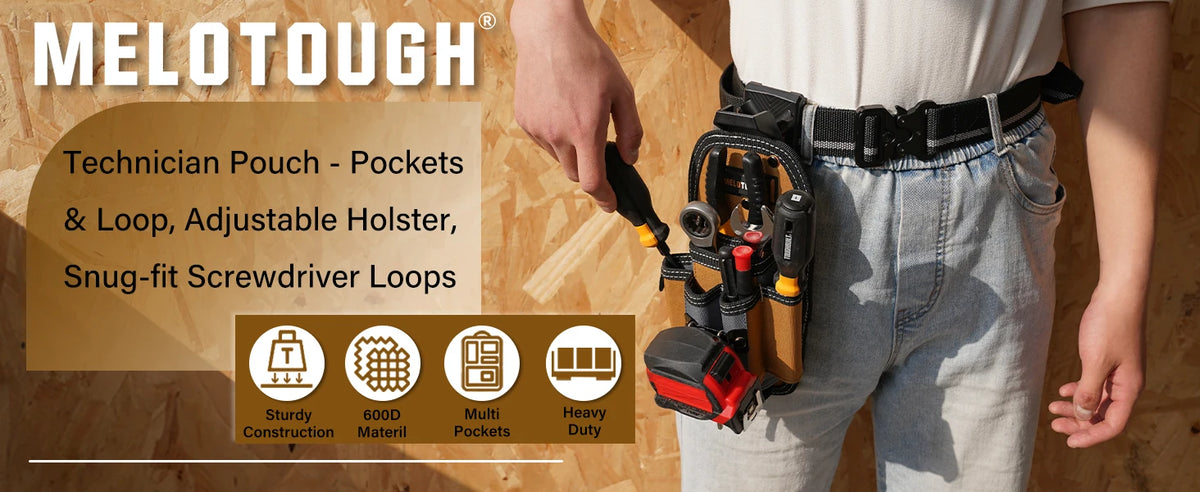 A hand is shown holding a black technician pouch with tool loops and pockets attached to a belt, worn over denim jeans.