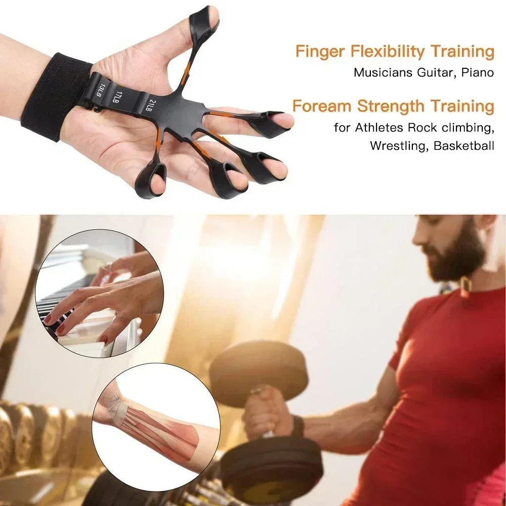 Adjustable finger strengthener and forearm exercise tools shown in use for musicians, athletes, and general fitness.
