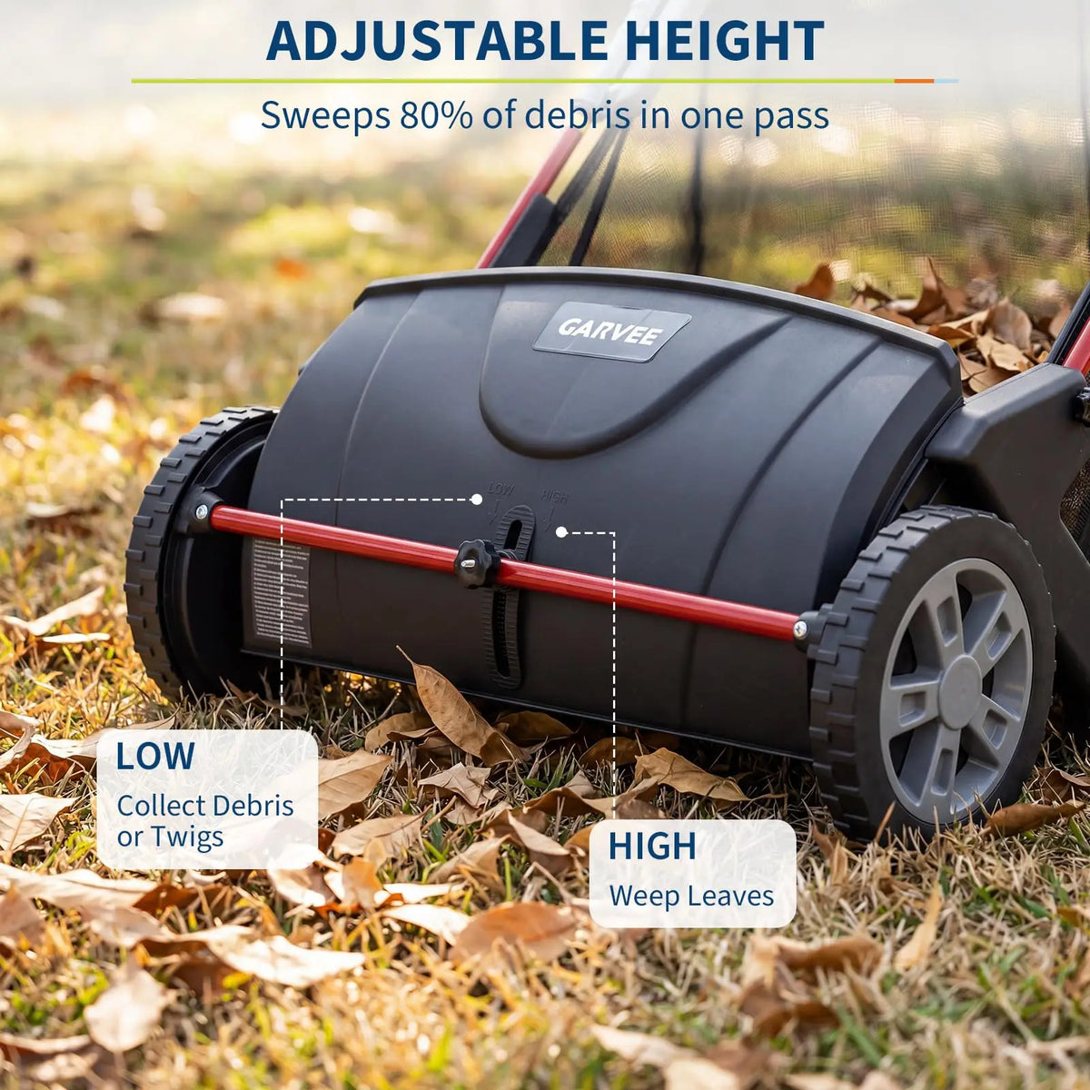 A black Garvee adjustable height lawn sweeper is shown sweeping debris in a grassy outdoor setting.