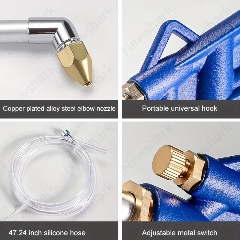 A set of tools including a copper plated alloy steel elbow nozzle, a portable universal hook, a silicone hose, and an adjusta