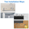 Two installation ways for a stainless steel under-sink soap dispenser with an extension tube.