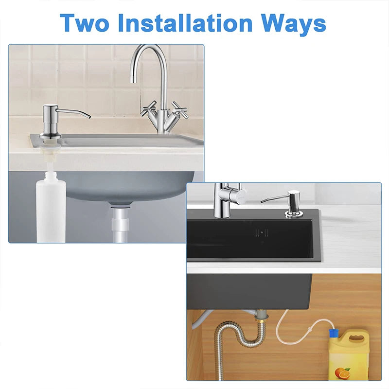 Two installation ways for a stainless steel under-sink soap dispenser with an extension tube.