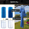 Blue microfiber sports towel demonstrating quick-dry features and water absorption capacity