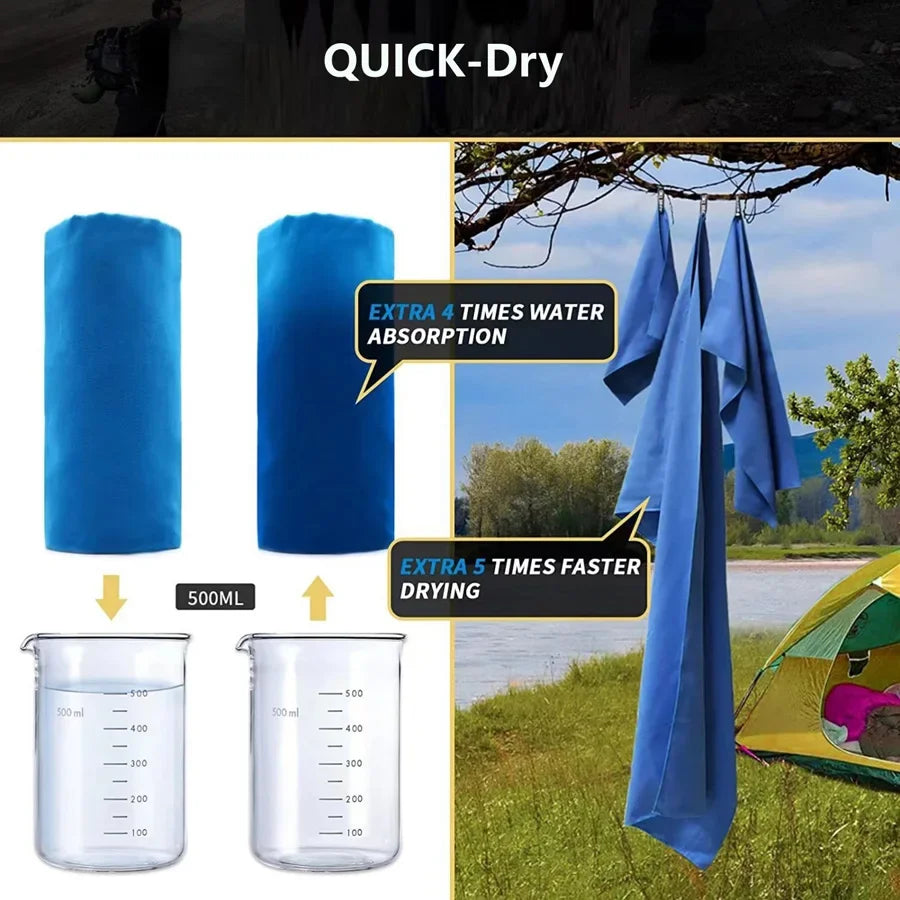 Blue microfiber sports towel demonstrating quick-dry features and water absorption capacity