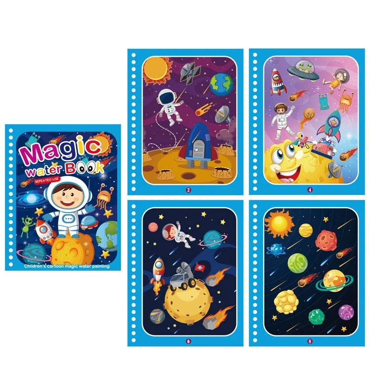 A set of five reusable magic water drawing books featuring space and colorful scenes for children.